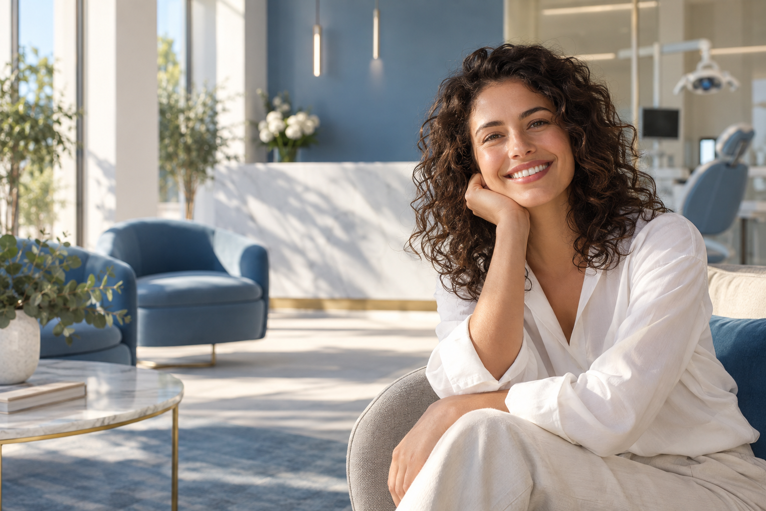 Mulher sorrindo em uma clínica, imagem fictícia