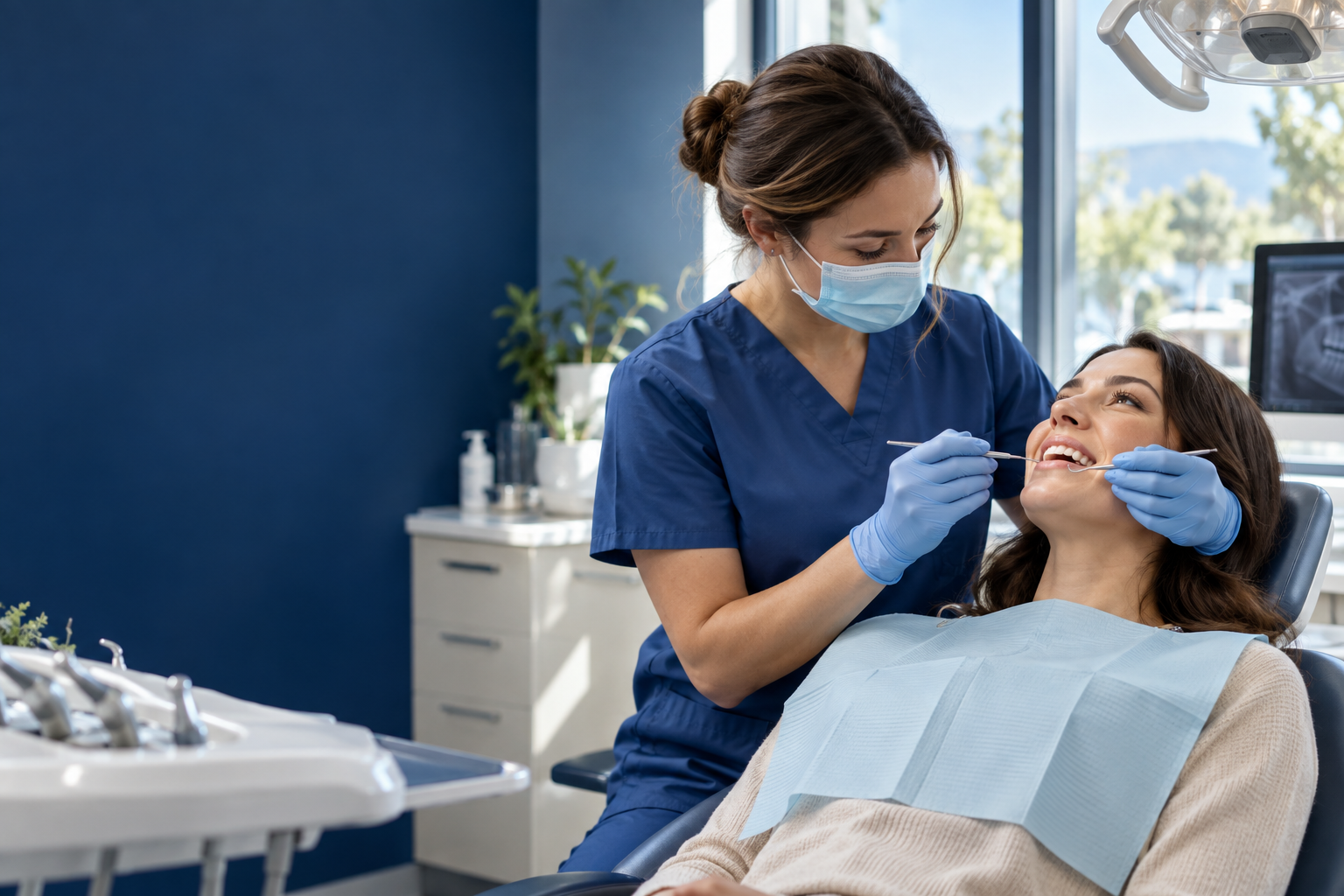 Dentista atendendo uma paciente em uma clínica acolhedora, cena fictícia